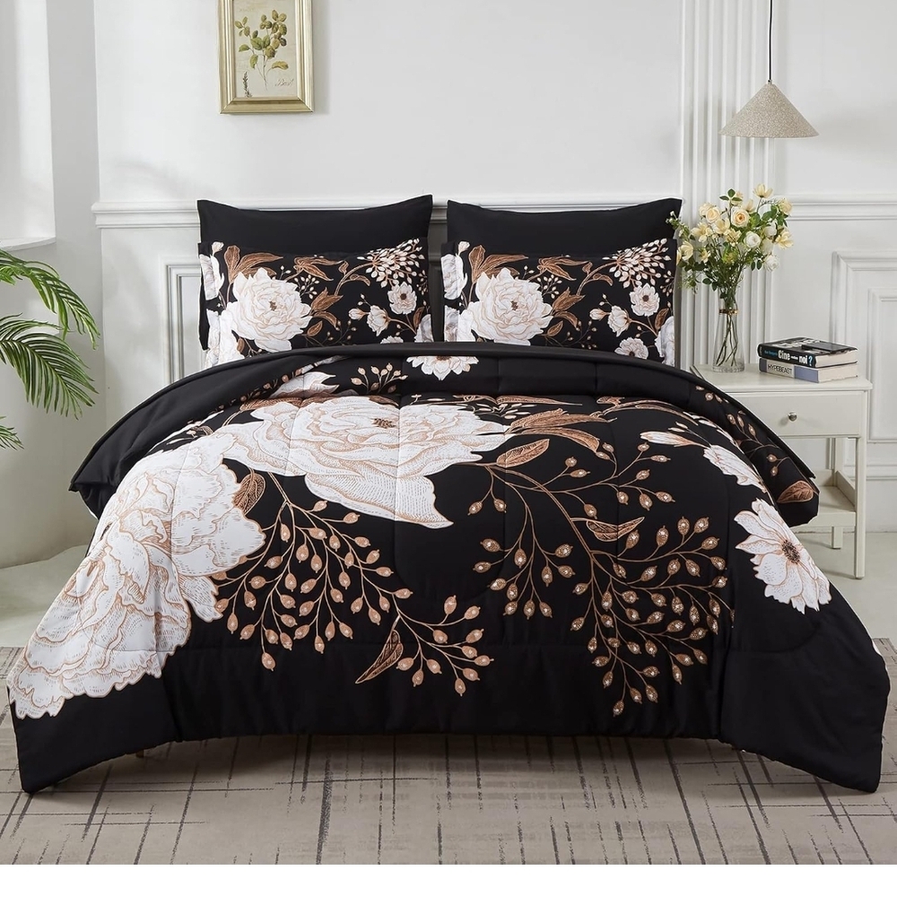 Yogeneg Bed in a Bag 7 Piece Comforter Set, Queen Botanical Floral, White Flower